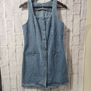 Entro Denim Button Front Mini Dress Light Wash Sleeveless Square Neck Size M
